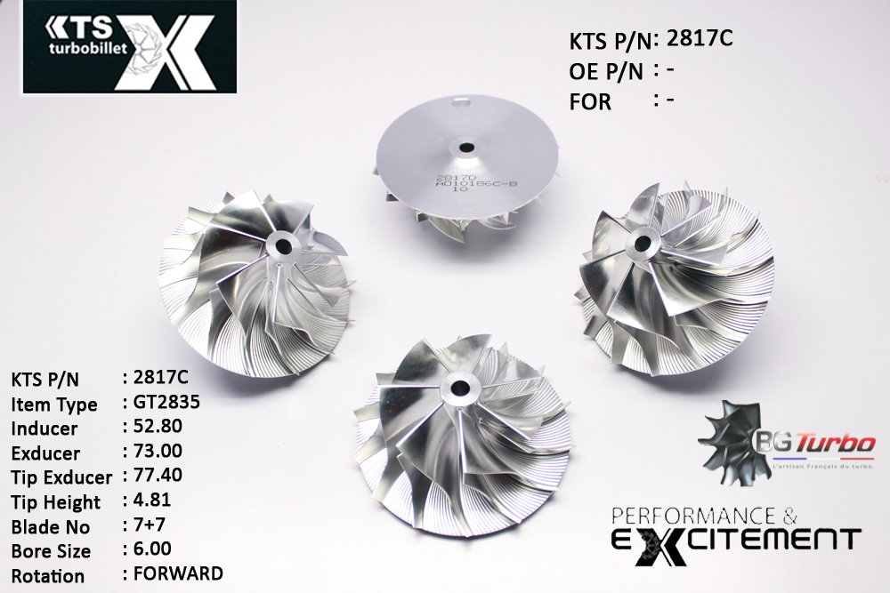 Turbo ROUE FORGÉE MFS PERFORMANCE - 7+7 PALES - INDUCER : 52,8 - EXDUCER : 73 - TYPE : GT2835ANGLE : 60° - ROTATION : Forward - SUPER BACK : 2,32 - BORE SIZE : 6

